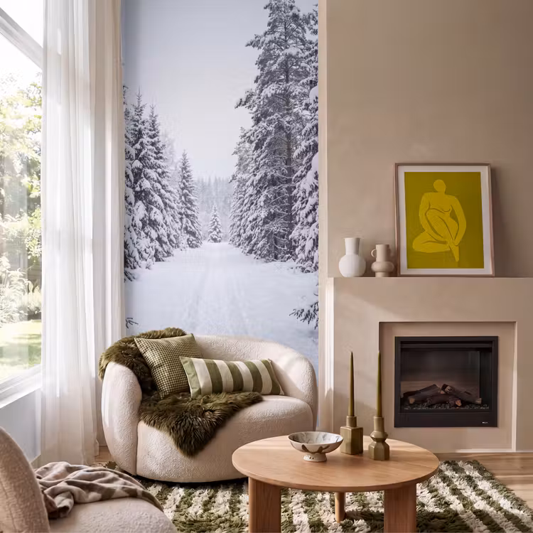 Bos - Winter - Sneeuw - Pad - Natuur Behang Vlies klein -sfeer2