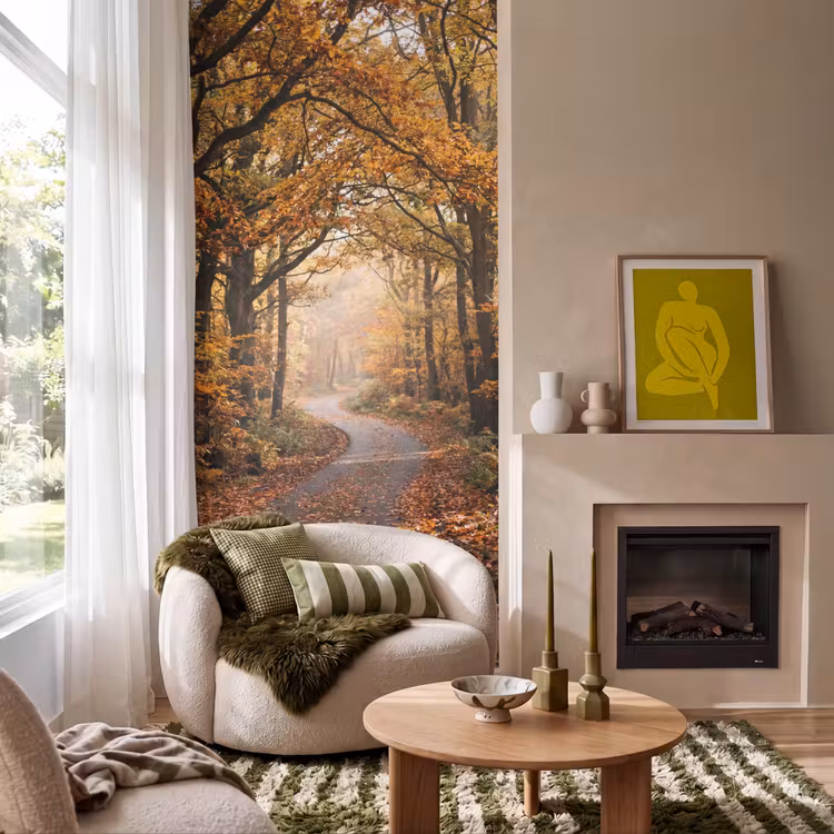 Bospad - Herfstbos - Bladeren - Oranje - Nostalgisch Behang Vlies klein -sfeer2