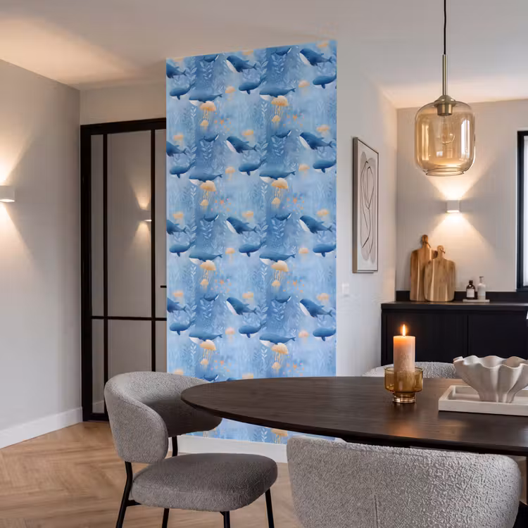 Walvissen - Oceaan - Blauw Behang Vlies klein 1076 -sfeer3