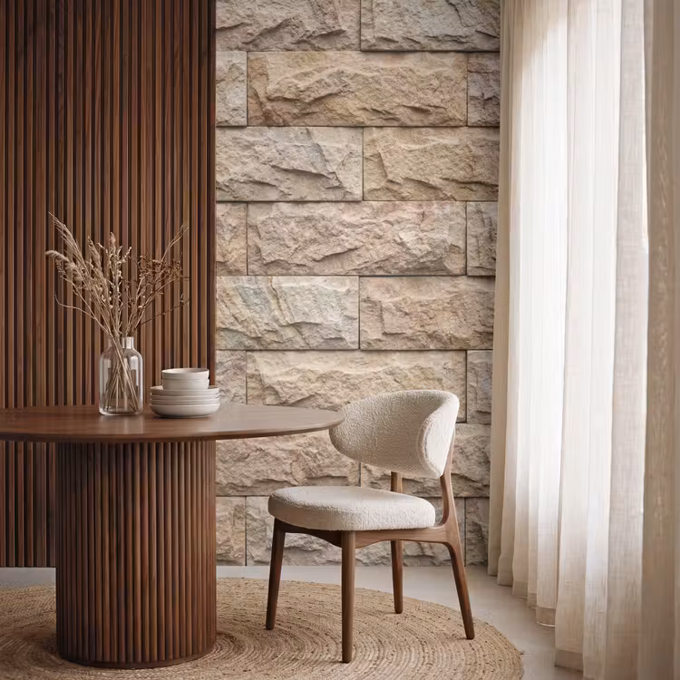 Muur - Steen - Ruw - Textuur - Beige Behang Vlies klein -sfeer1