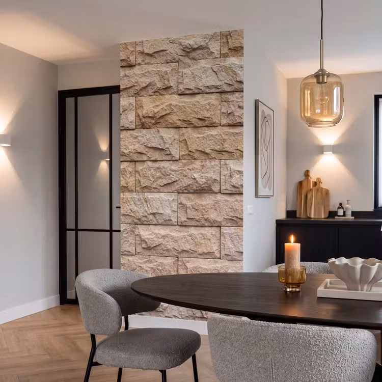 Muur - Steen - Ruw - Textuur - Beige Behang Vlies klein -sfeer3