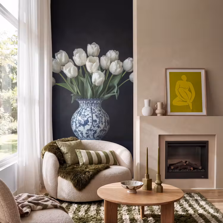 Wit - Bloemen - Tulpen - Vaas Behang Vlies klein -sfeer2
