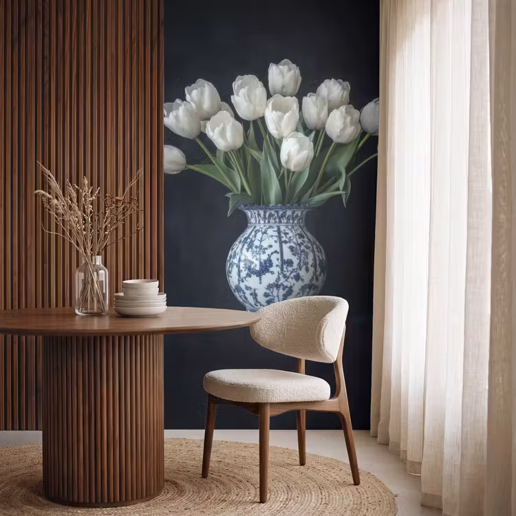 Wit - Bloemen - Tulpen - Vaas Behang Vlies klein -sfeer1