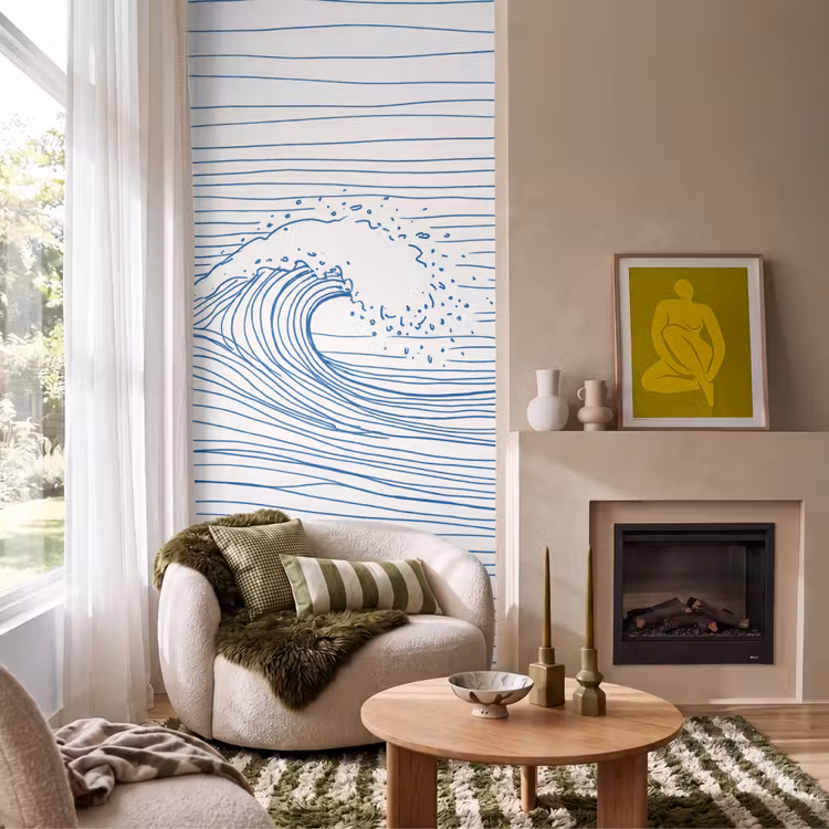 Golf - Brekende - Natuur - Minimalistisch - Blauw Behang Vlies klein -sfeer2