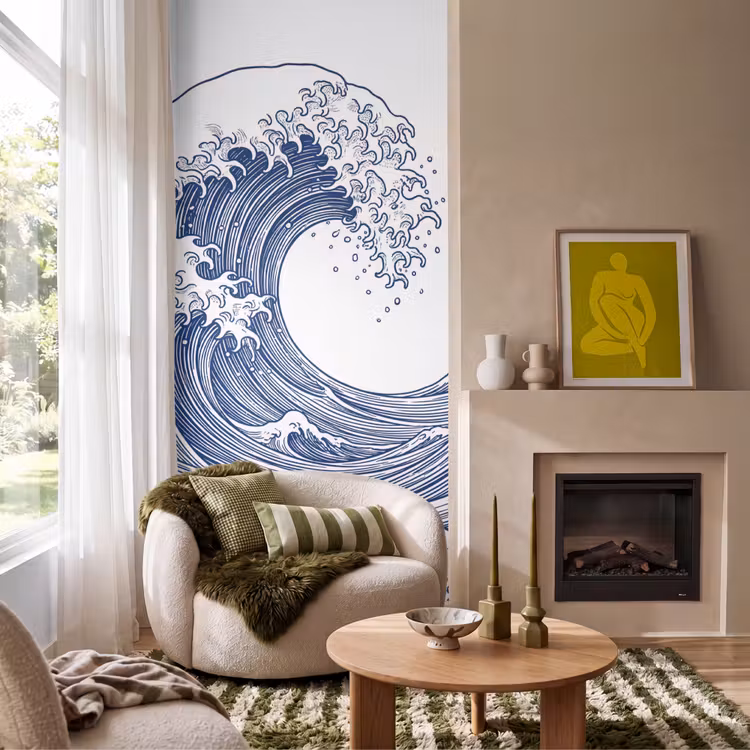 Golf - Japans - Zee - Illustratie - Blauw Behang Vlies klein -sfeer2