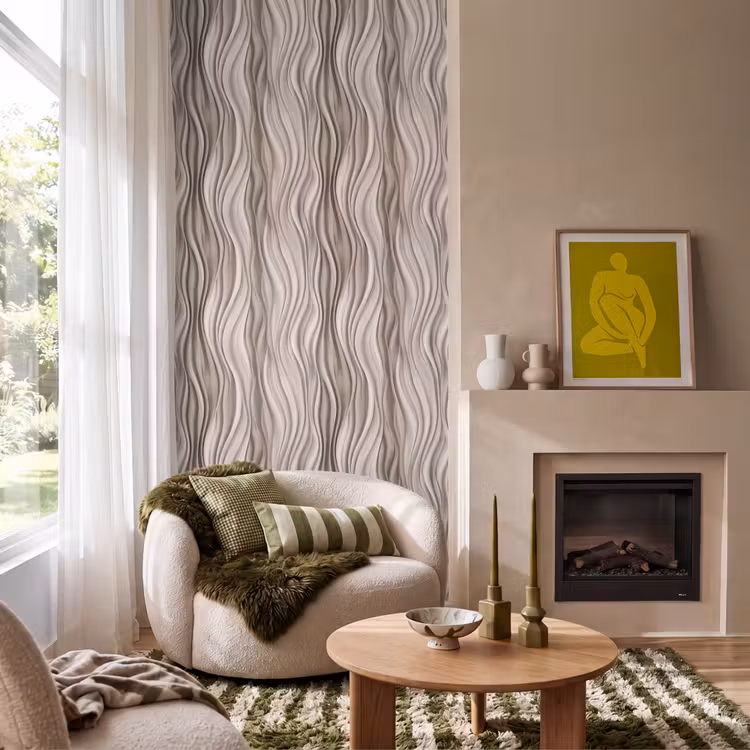 Golven - 3D - Crème Behang Vlies klein 1076 -sfeer2