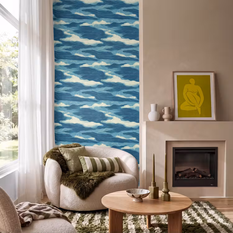 Golven - Abstract - Patroon - Blauw - Wit Behang Vlies klein 1076 -sfeer2