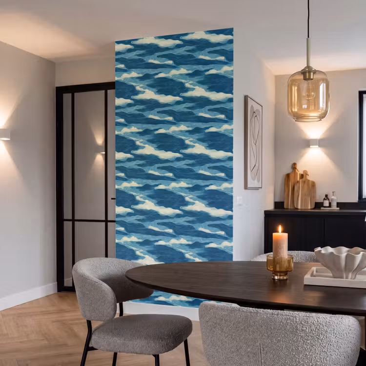 Golven - Abstract - Patroon - Blauw - Wit Behang Vlies klein 1076 -sfeer3