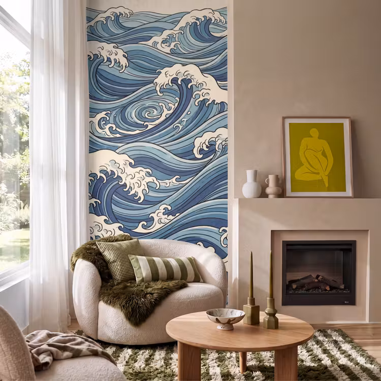 Golven - Zee - Natuur - Abstract - Blauw Behang Vlies klein -sfeer2