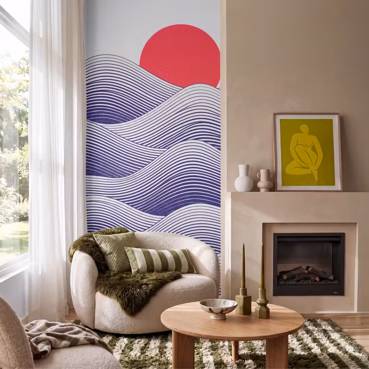 Golven - Zon - Natuur - Abstract - Rood Behang Vlies klein -sfeer2