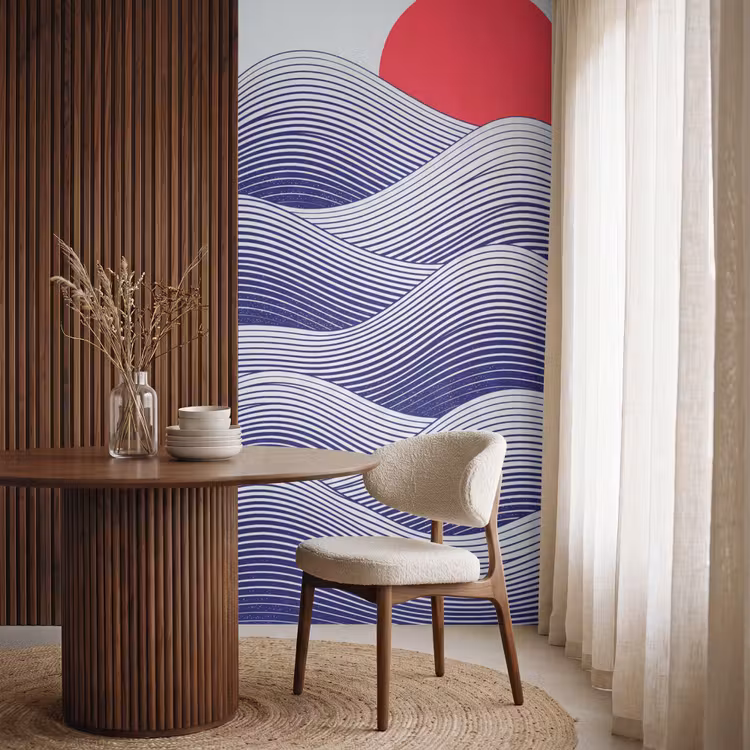 Golven - Zon - Natuur - Abstract - Rood Behang Vlies klein -sfeer1
