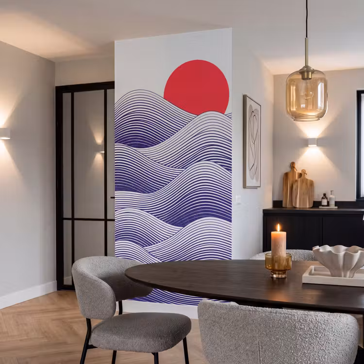 Golven - Zon - Natuur - Abstract - Rood Behang Vlies klein -sfeer3