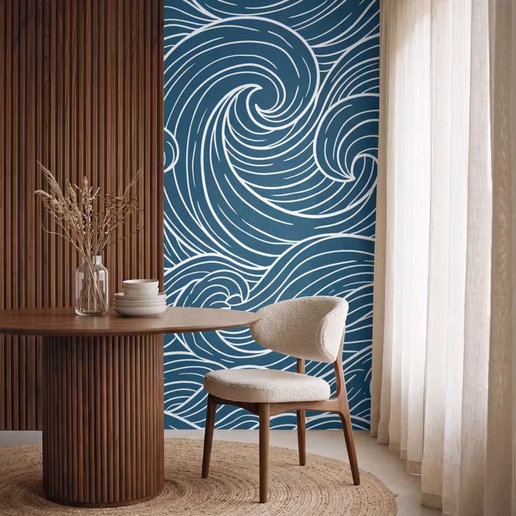 Golven - Spiraal - Water - Abstract - Blauw Behang Vlies klein -sfeer1