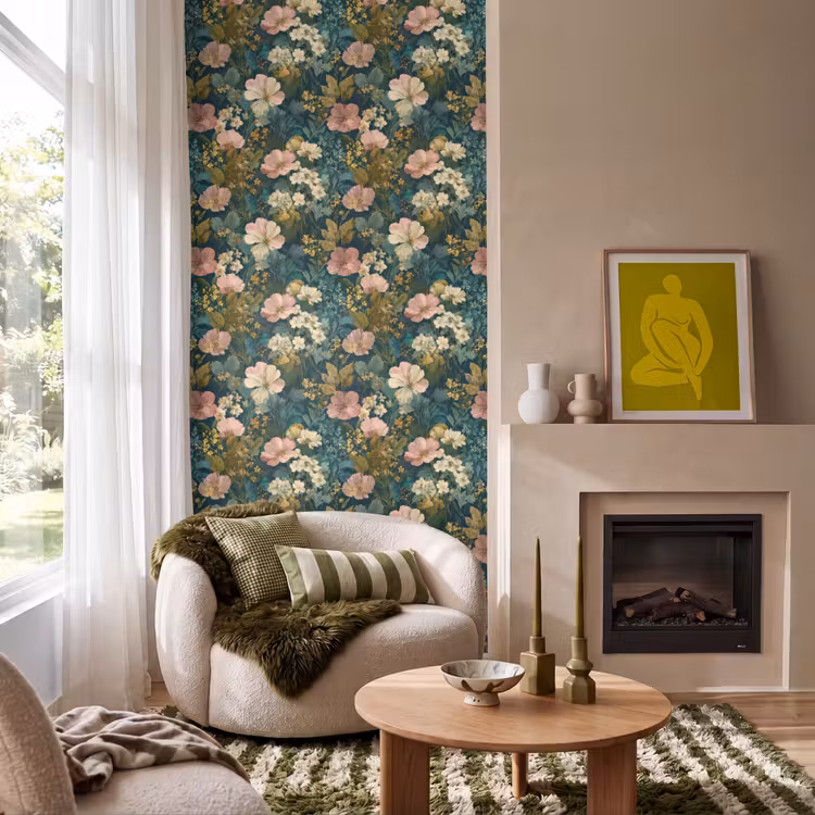 Wilde bloemen - Botanisch - Patroon - Roze - Romantisch Behang Vlies klein 1076 -sfeer2