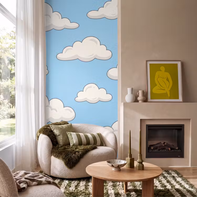 Wolk - Cartoon - Lucht - Blauw - Wit Behang Vlies klein -sfeer2