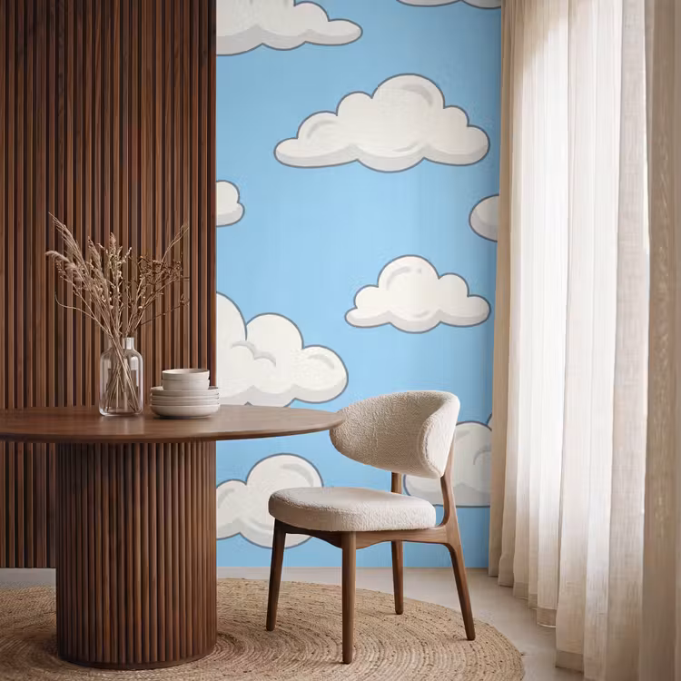 Wolk - Cartoon - Lucht - Blauw - Wit Behang Vlies klein -sfeer1