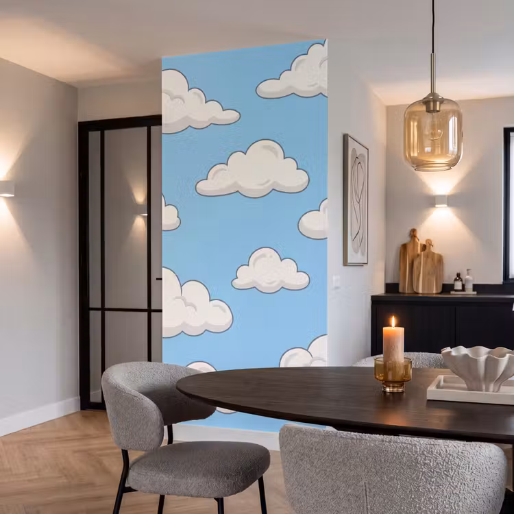 Wolk - Cartoon - Lucht - Blauw - Wit Behang Vlies klein -sfeer3