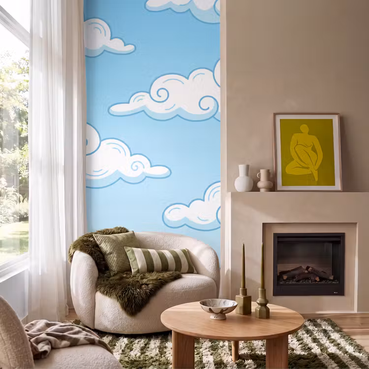 Wolk - Lucht - Cartoon - Blauw - Wit Behang Vlies klein -sfeer2