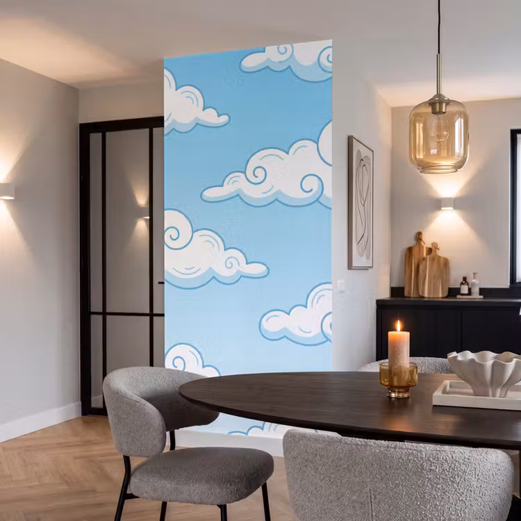 Wolk - Lucht - Cartoon - Blauw - Wit Behang Vlies klein -sfeer3