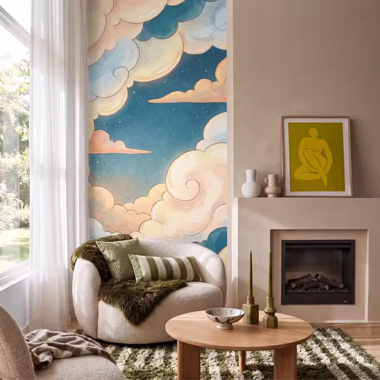 Wolk - Lucht - Natuur - Illustratief - Oranje Behang Vlies klein -sfeer2