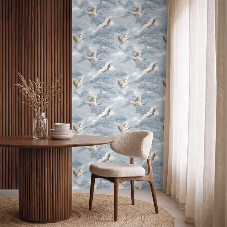 Wolken - Kraanvogels - Blauw Behang Vlies klein 1076 -sfeer1