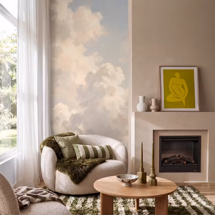 Wolken - Zacht - Natuur - Klassiek - Beige Behang Vlies klein -sfeer2