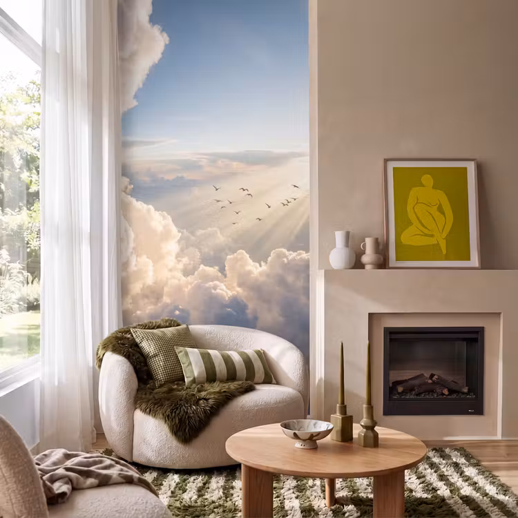 Wolken - Zonnestralen - Natuur - Wit Behang Vlies klein -sfeer2