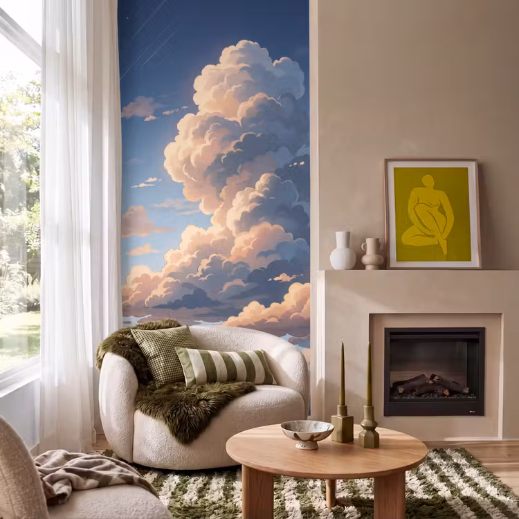 Wolken - Daghemel - Natuur - Illustratie - Oranje Behang Vlies klein -sfeer2