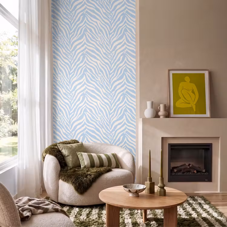 Zebra - Motief - Blauw - Wit Behang Vlies klein 1076 -sfeer2