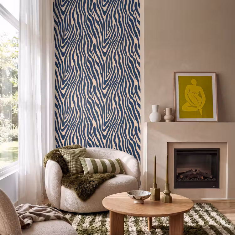Zebra - Patroon - Blauw - Beige Behang Vlies klein 1076 -sfeer2