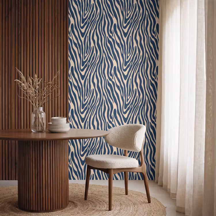 Zebra - Patroon - Blauw - Beige Behang Vlies klein 1076 -sfeer1