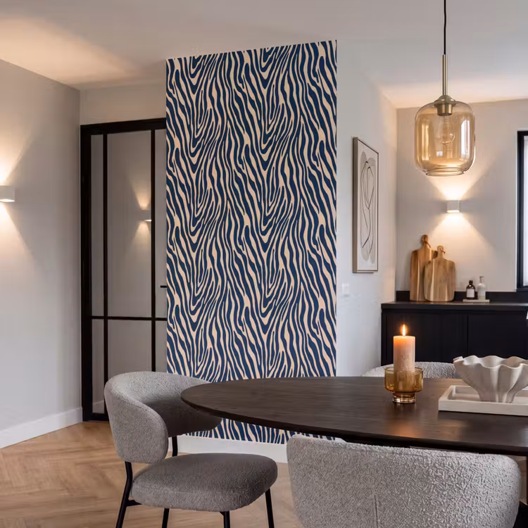 Zebra - Patroon - Blauw - Beige Behang Vlies klein 1076 -sfeer3
