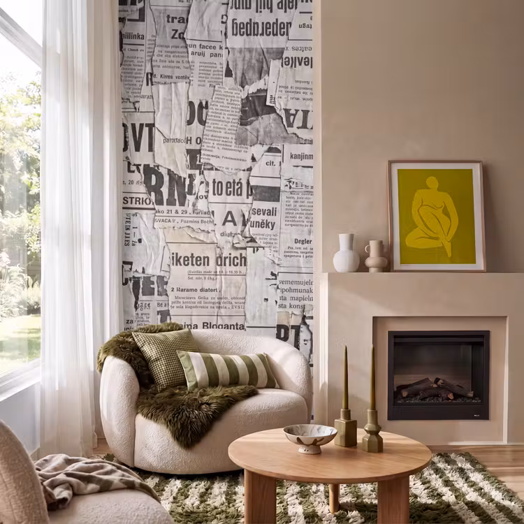 Krant - Gescheurd - Textuur - Abstract - Zwart-wit Behang Vlies klein -sfeer2