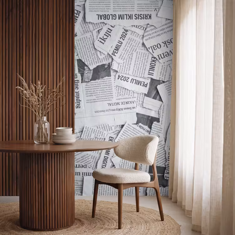 Krant - Versnipperd - Textuur - Zwart-wit - Abstract Behang Vlies klein -sfeer1