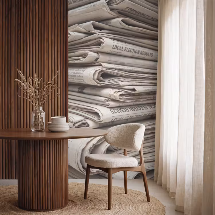 Kranten - Stapel - Nieuws - Vintage - Beige Behang Vlies klein -sfeer1