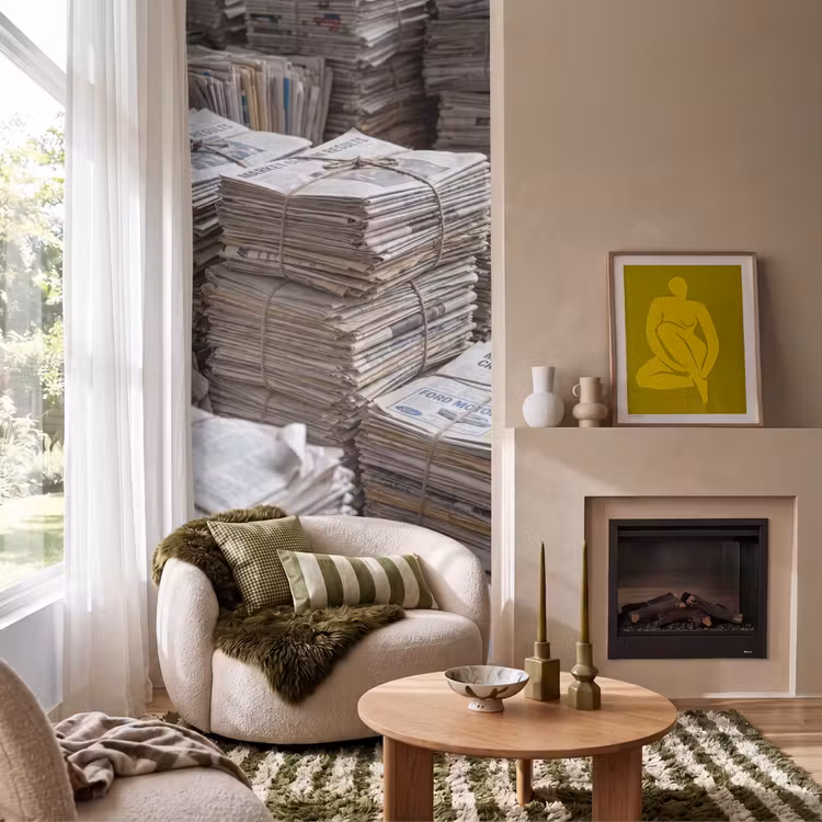 Kranten - Stapels - Touw - Informatie - Vintage Behang Vlies klein -sfeer2
