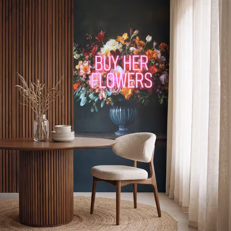 Quote - Bloemen - Vaas - Neon Behang Vlies klein -sfeer1
