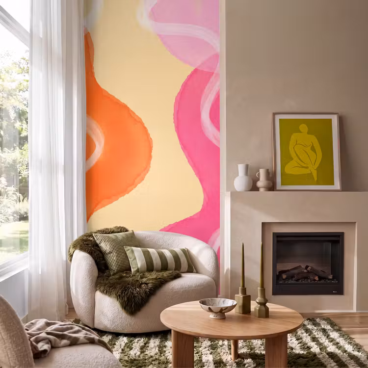 Abstract - Aquarel - Organisch - Oranje - Roze Behang Vlies klein -sfeer2