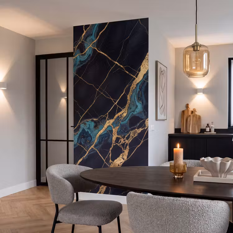 Abstract - Gouden lijnen - Kunst - Modern - Zwart Behang Vlies klein -sfeer3