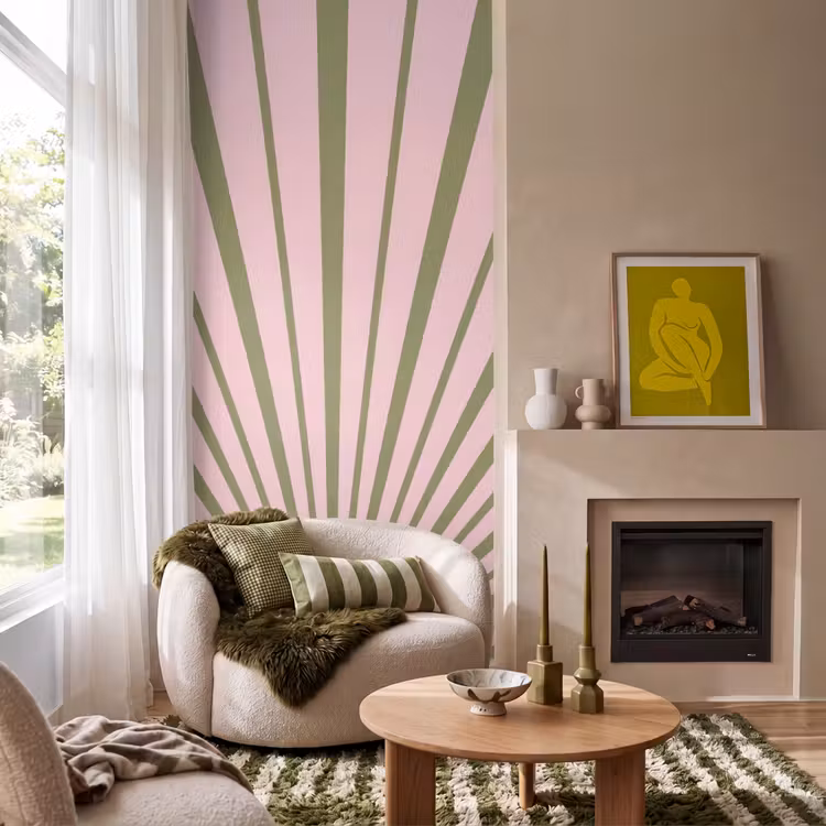 Abstract - Stralen - Grafisch - Roze - Groen Behang Vlies klein -sfeer2