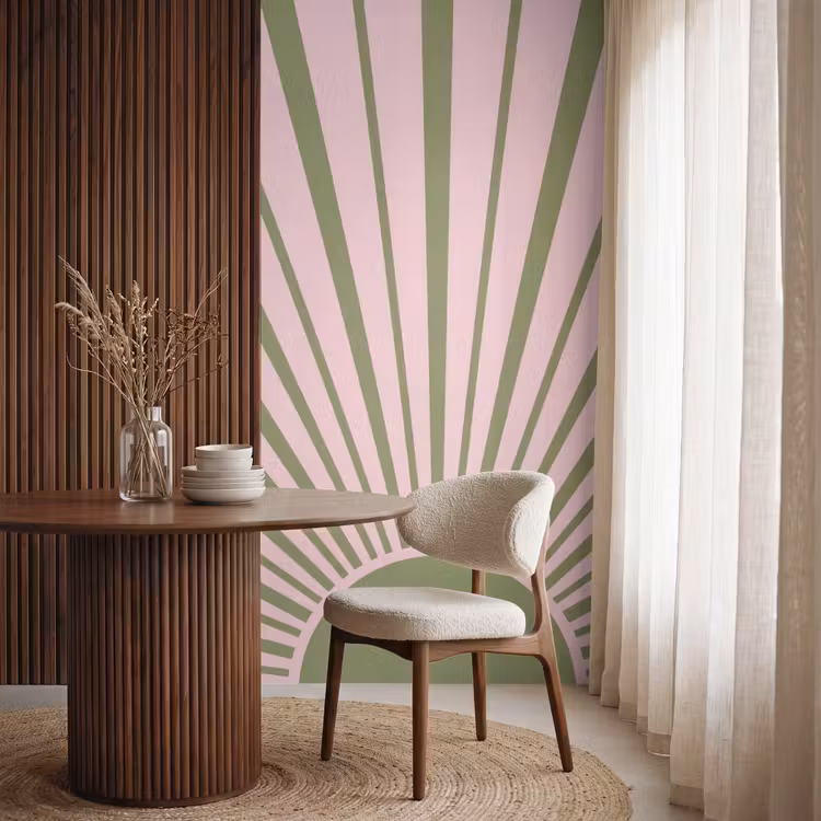Abstract - Stralen - Grafisch - Roze - Groen Behang Vlies klein -sfeer1