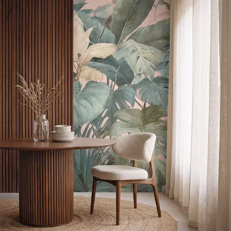 Compositie van bladeren - Groen - Roze Behang Vlies klein -sfeer1
