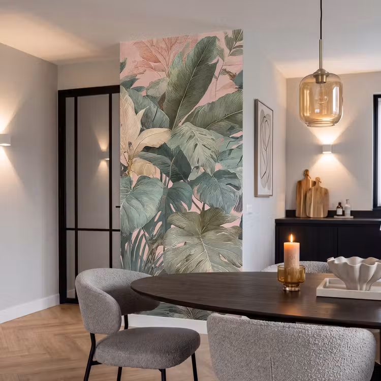 Compositie van bladeren - Groen - Roze Behang Vlies klein -sfeer3