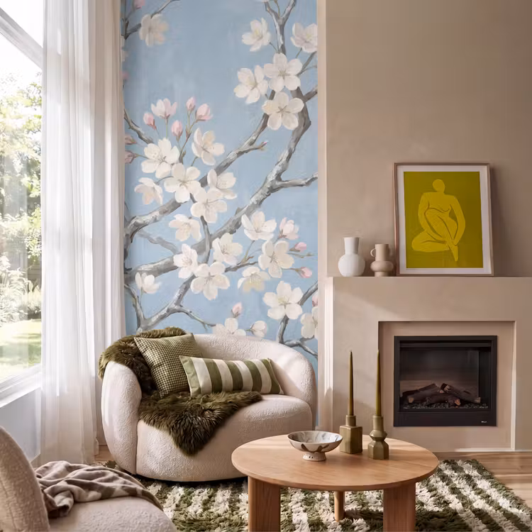 Takken - Kersenbloesem - Blauw Behang Vlies klein -sfeer2