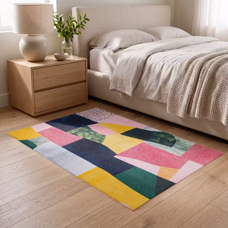 Abstract - Roze - Lappen - Vormen - Geel Vloerkleed Rechthoek klein -atmosphere_sfeer3_global