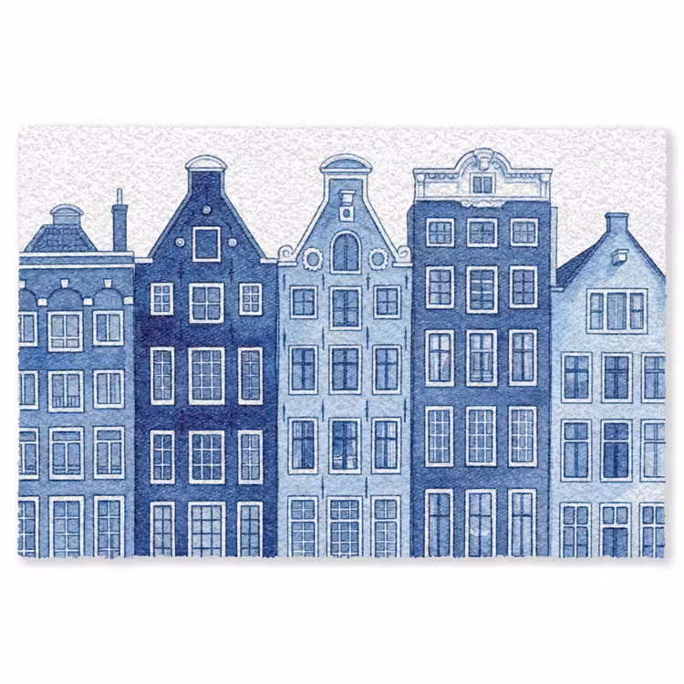 Aquarel - Grachtenpanden - Delfts - Blauw Vloerkleed Rechthoek klein -3d