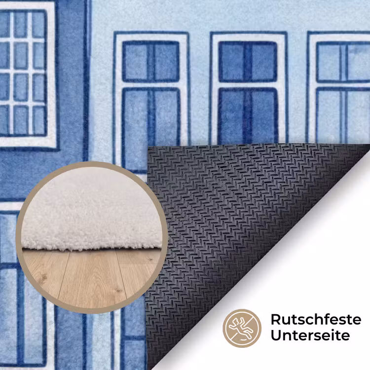 Aquarel - Grachtenpanden - Delfts - Blauw Vloerkleed Rechthoek klein -uniquesellingpoint_antislip_DE_DE