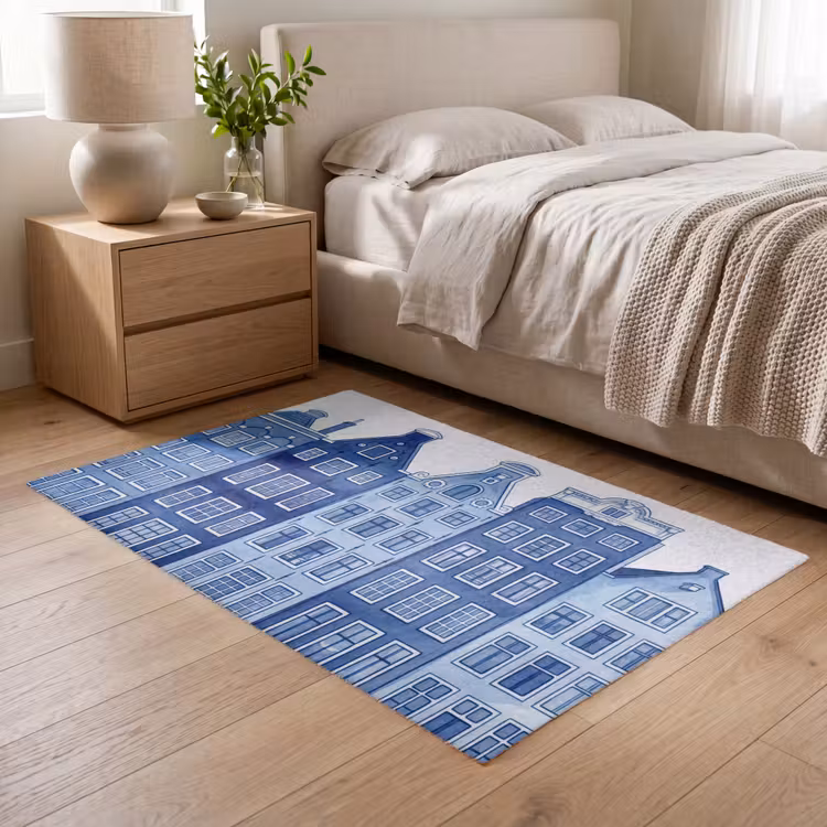 Aquarel - Grachtenpanden - Delfts - Blauw Vloerkleed Rechthoek klein -atmosphere_sfeer3_global