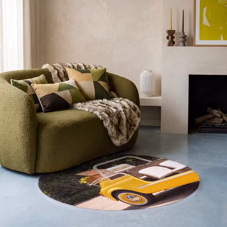 Teppich - Auto – Picknick – Sommer – Gelb - Auto - Picknick - Zomer - Geel Vloerkleed Rond klein
