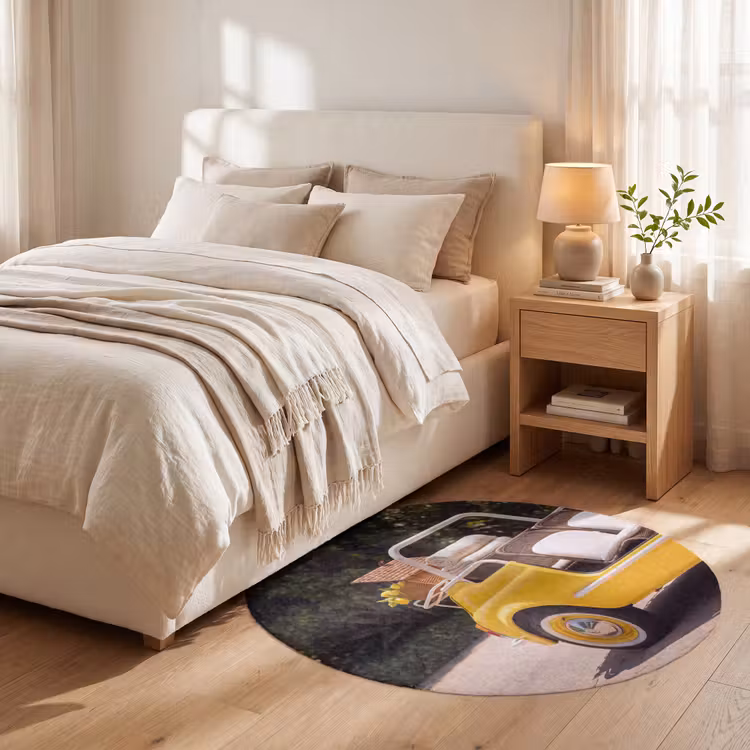 Teppich - Auto – Picknick – Sommer – Gelb - Auto - Picknick - Zomer - Geel Vloerkleed Rond klein